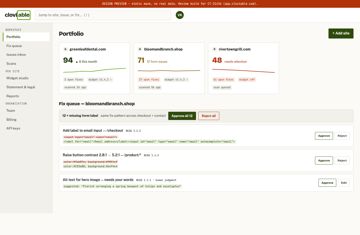 Screenshot of the Everyably backend: portfolio of three sites with accessibility scores and trends, and the fix queue for bloomandbranch.shop showing code diffs with Approve and Reject buttons